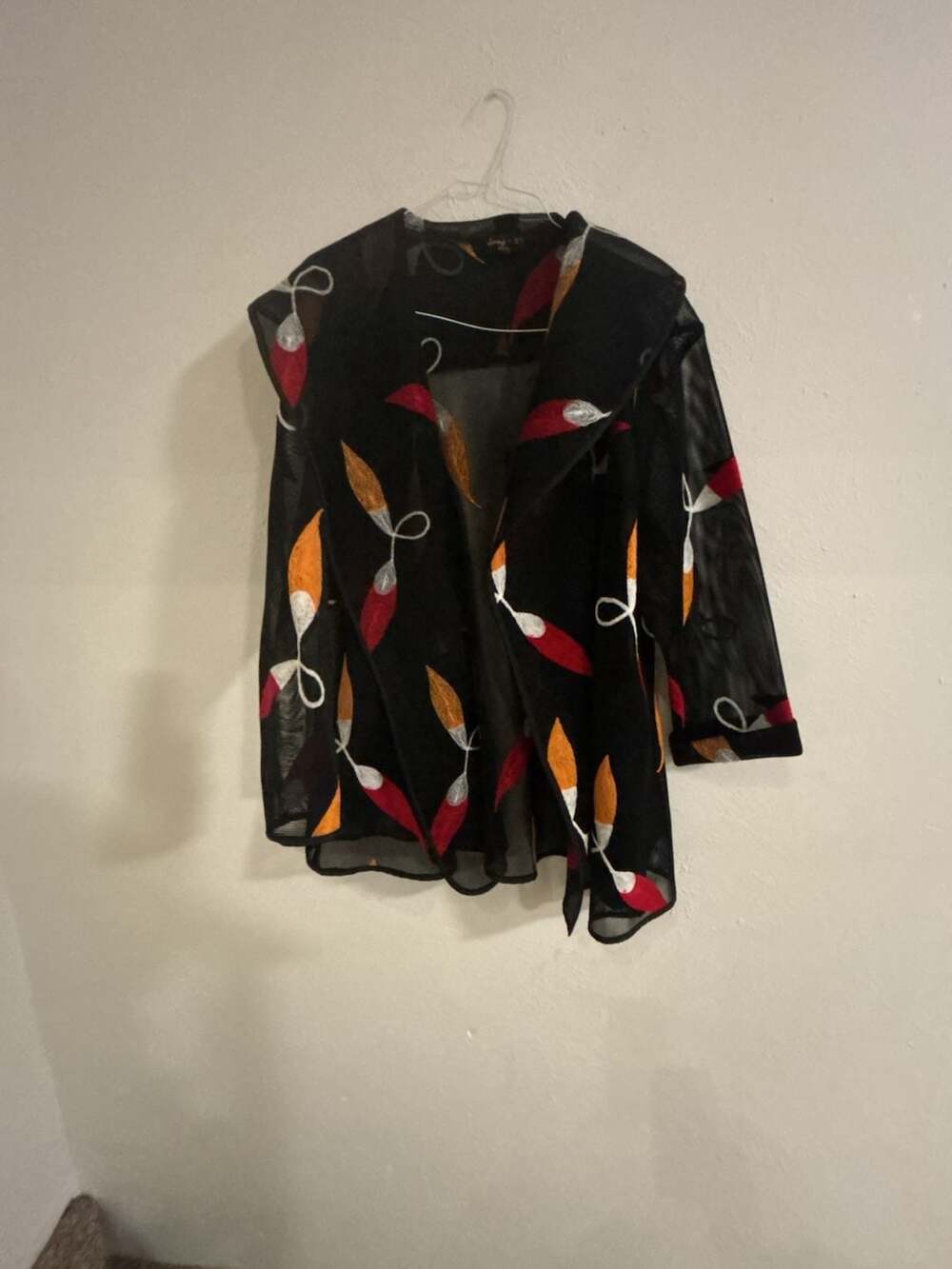 Jerry T New York Mesh Jacket Black Leaf Print Open Front